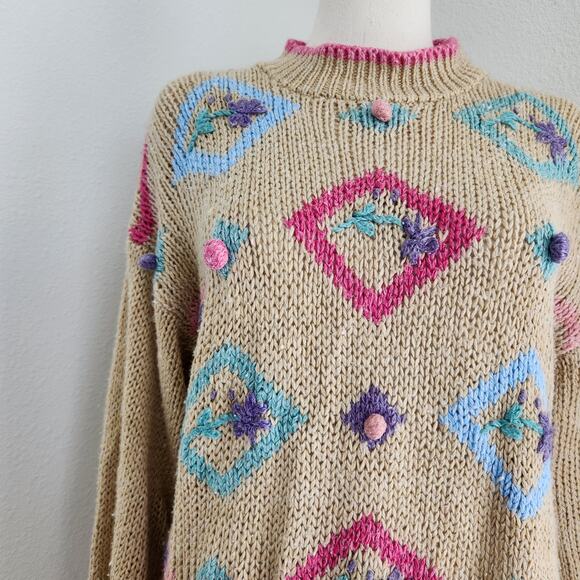 Vintage Cabin Creek Tan Spring Floral Pink Crew Neck Knit Sweater S - Picture 4 of 11
